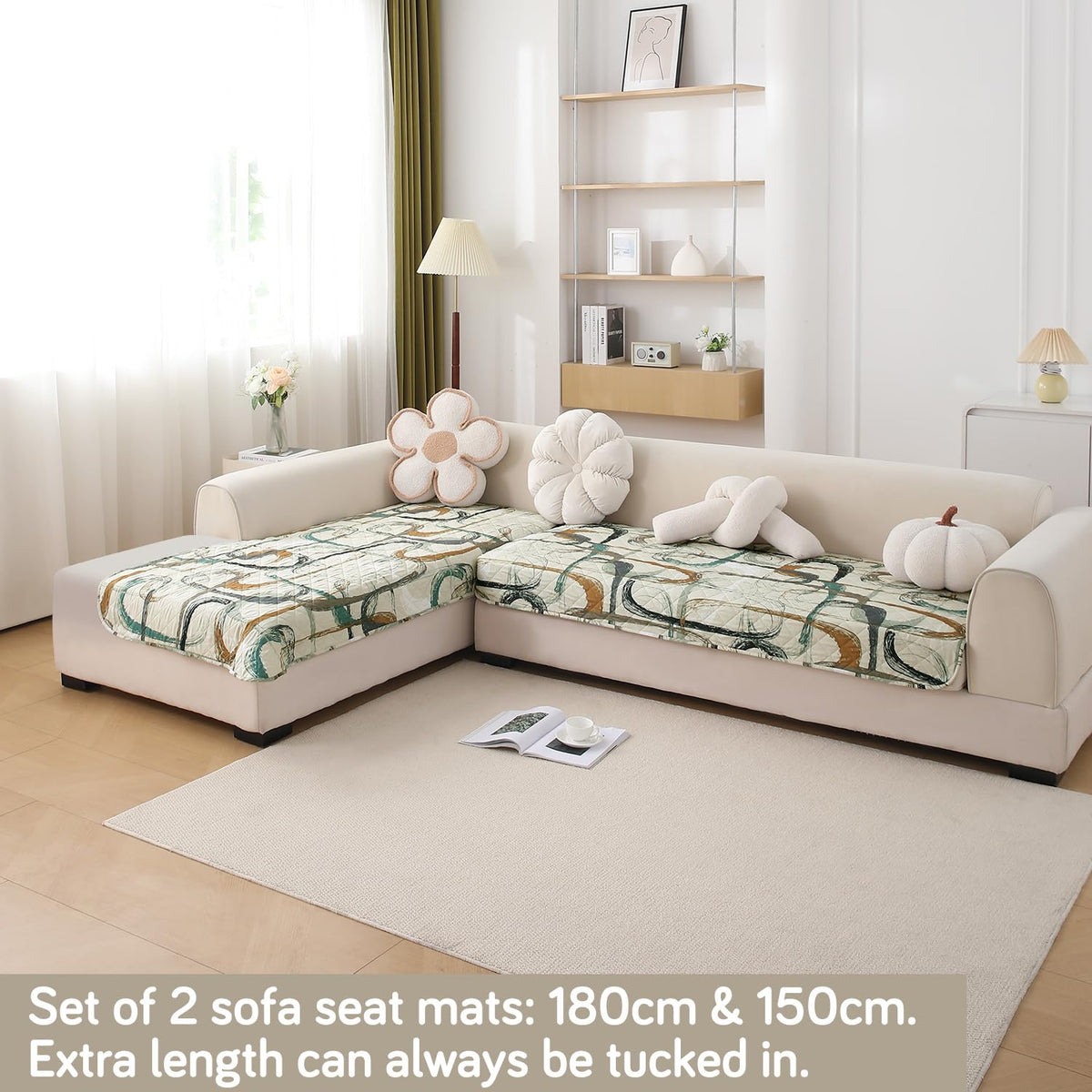 Waterproof Printed Quilted Quick Dry L Shape Sofa Seat Cover Mat, Parchement Beige Abstract Art