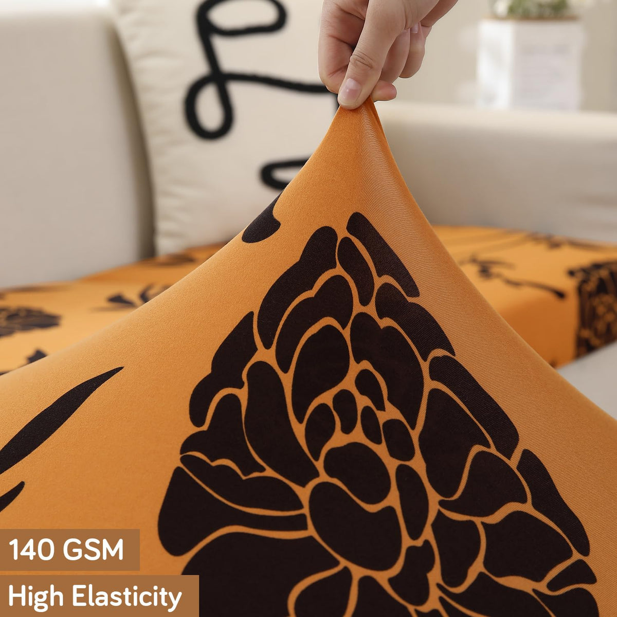 Stretchable 140gsm Printed Seat Couch Cushion Cover for 1/2/3 Seaters / Pieces for Sofa, Copper Brown Floral