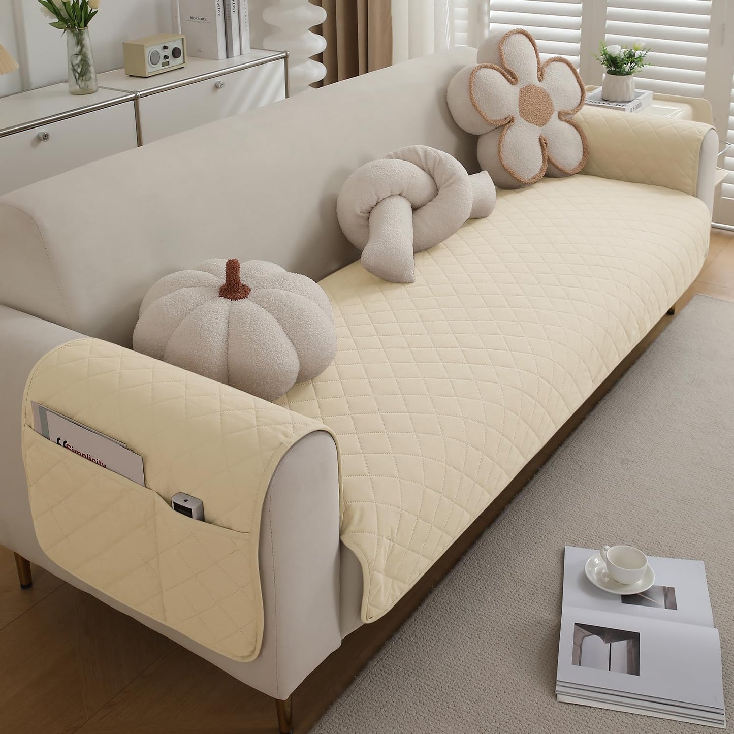 HOKIPO Quilted Waterproof Sofa Seat Mat for 1/2/3 Seater Sofa with 2 Armrest Covers with Pockets, Cream
