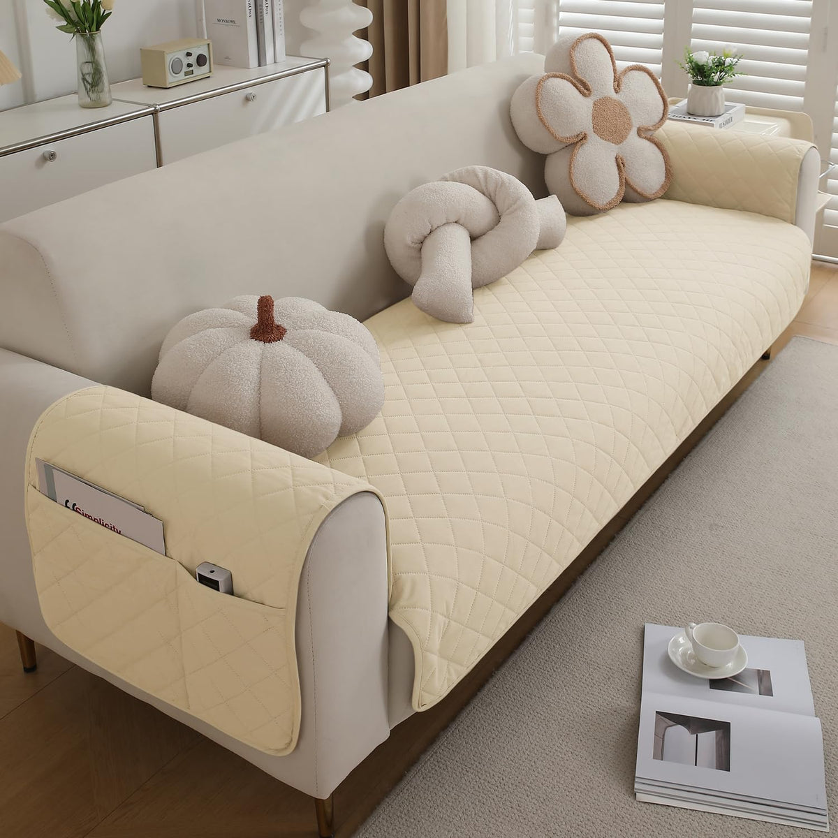 Quilted Waterproof Sofa Seat Mat for 1/2/3 Seater Sofa with 2 Armrest Covers with Pockets, Cream
