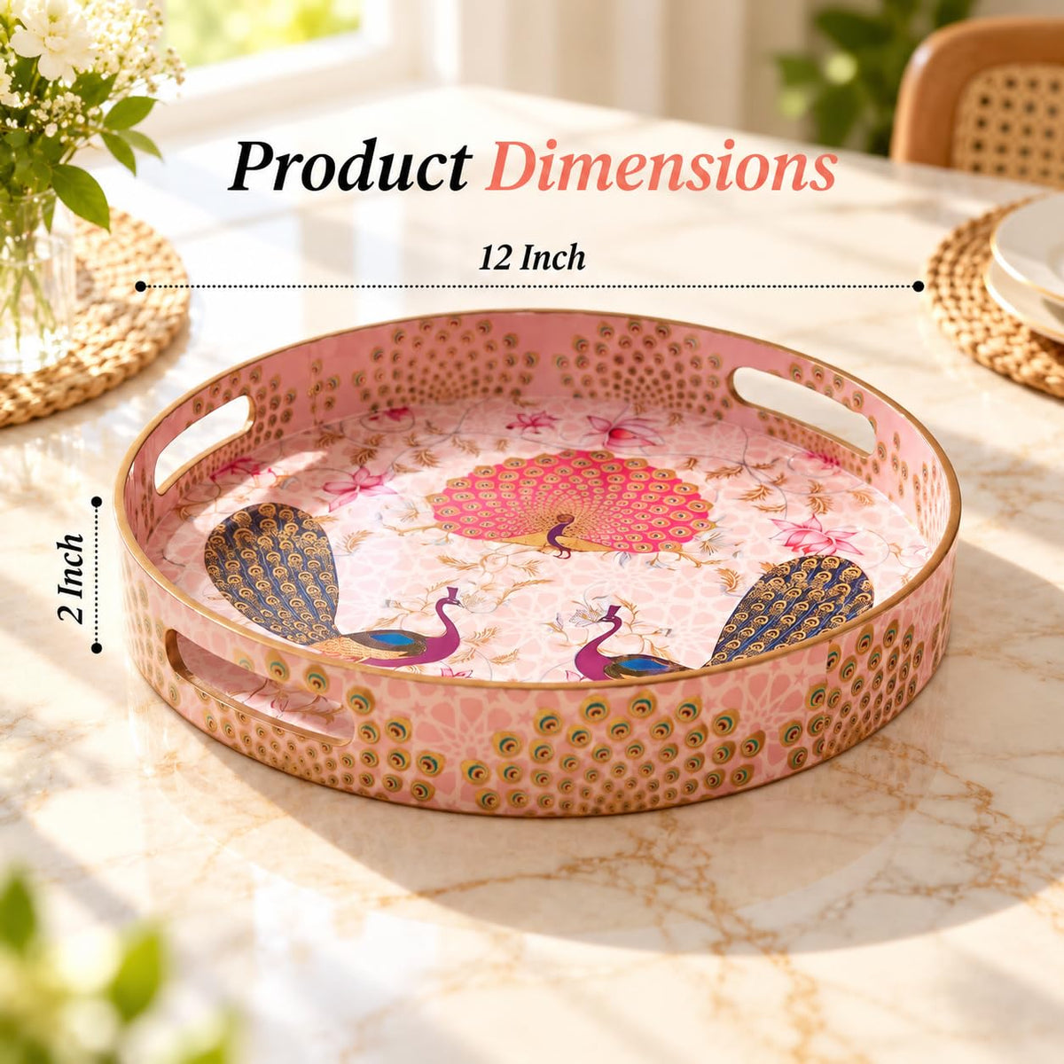 HOKIPO Round Serving Tray 12 in, Engineered Wood, Gulabi Mayurvan - image 6