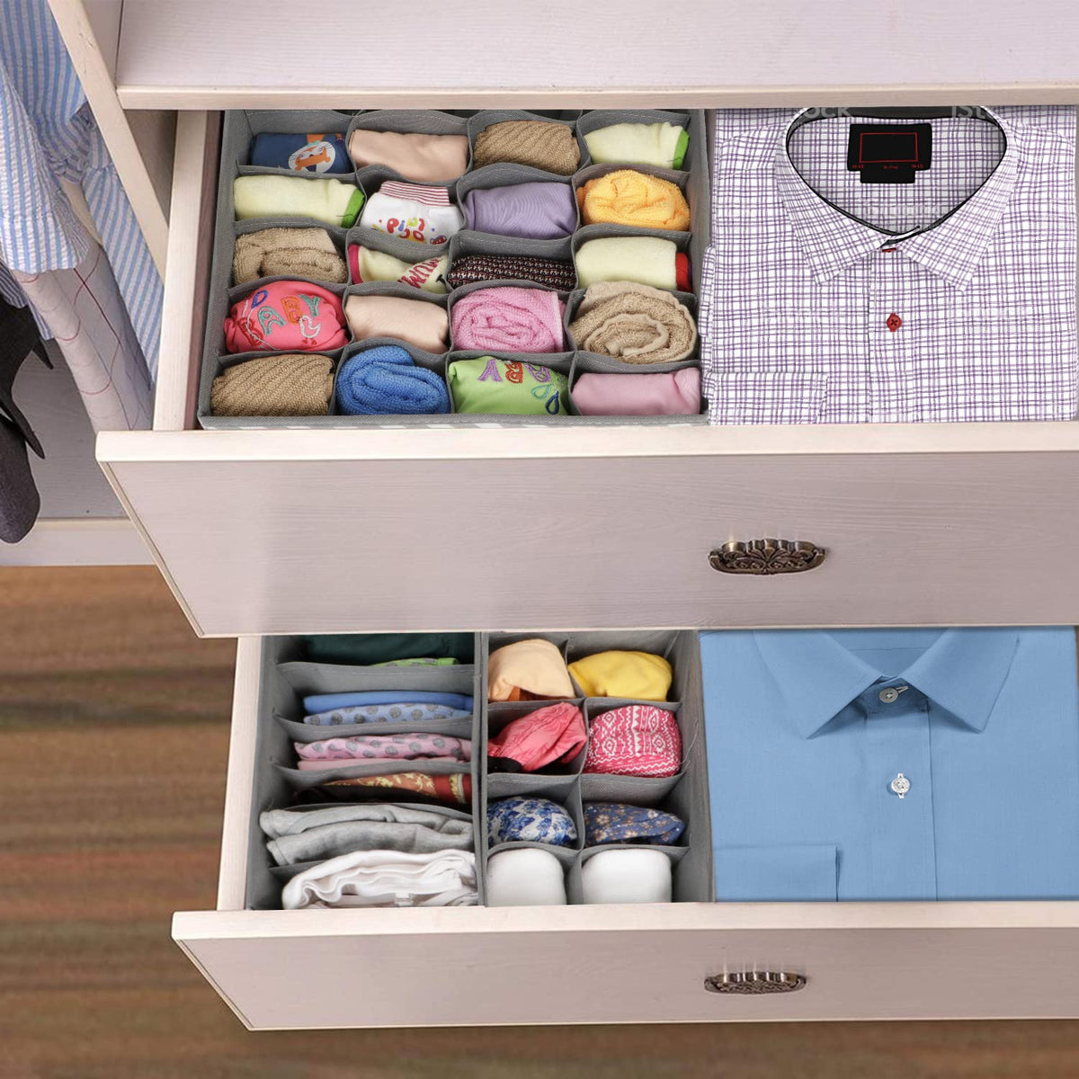 3 Pcs Fabric Undergarment Organizer Storage Box For Drawers Bra Panty Socks Tie Lingerie Organizer For Wardrobe, 24X8X6 Grid, Grey