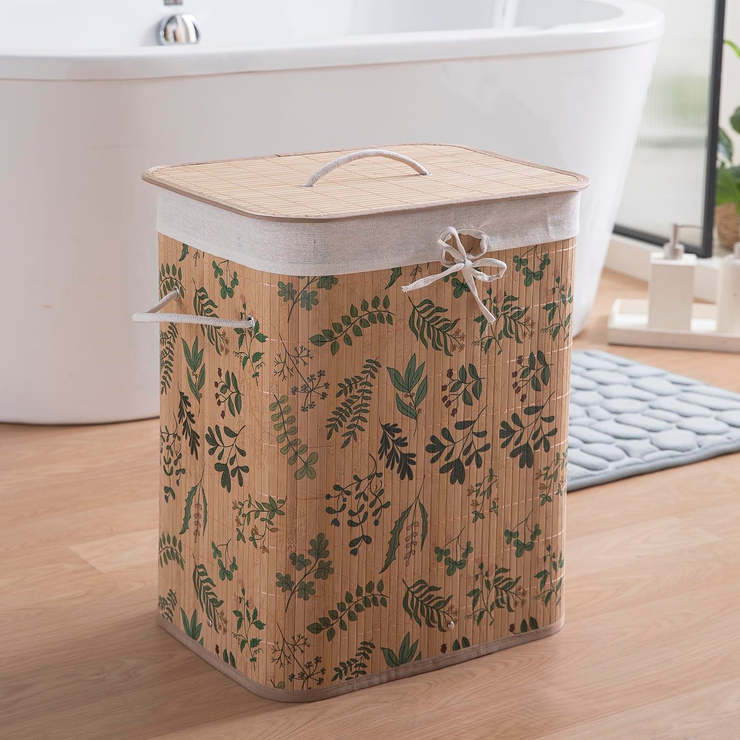 Eco-Friendly Foldable Bamboo Laundry Basket Hamper with Lid, Large - 60 Liter, Fern Leaves