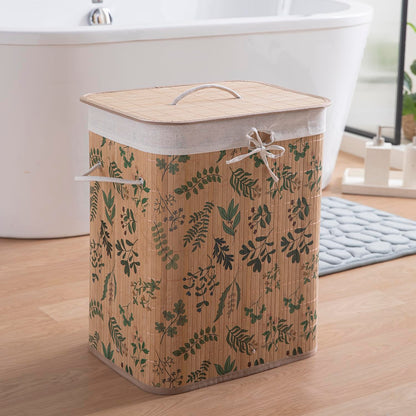 Eco-Friendly Foldable Bamboo Laundry Basket Hamper with Lid, Large - 60 Liter, Fern Leaves
