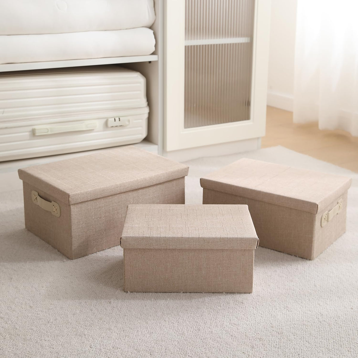 Organisers Storage Box with Lid, Beige, Pack of 2