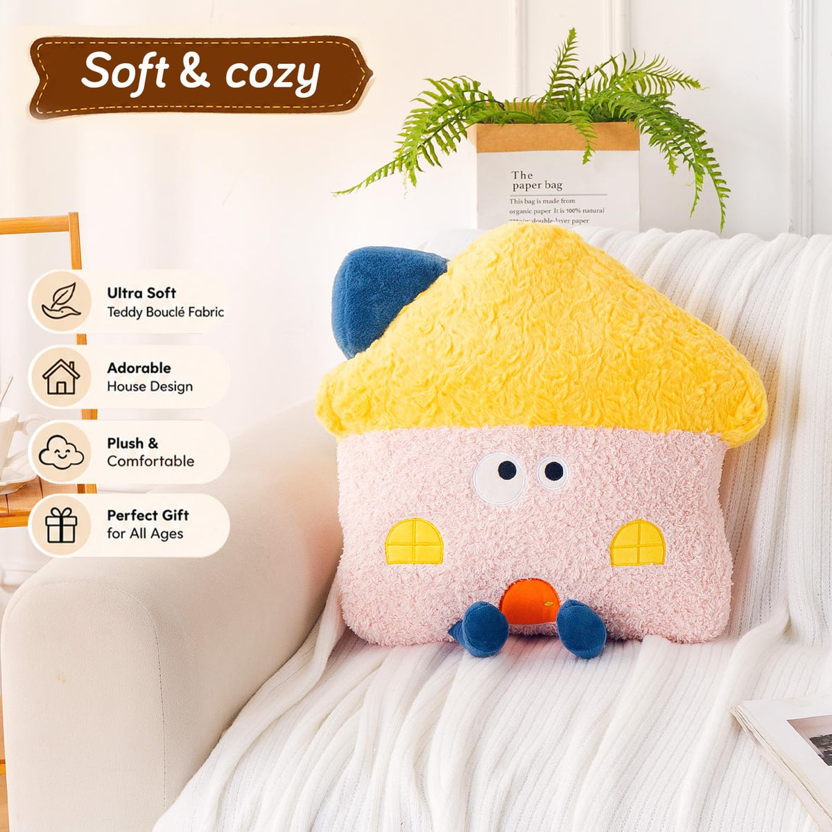 HOKIPO Mushroom House Shaped Cushion, 46 cm, Light Pink