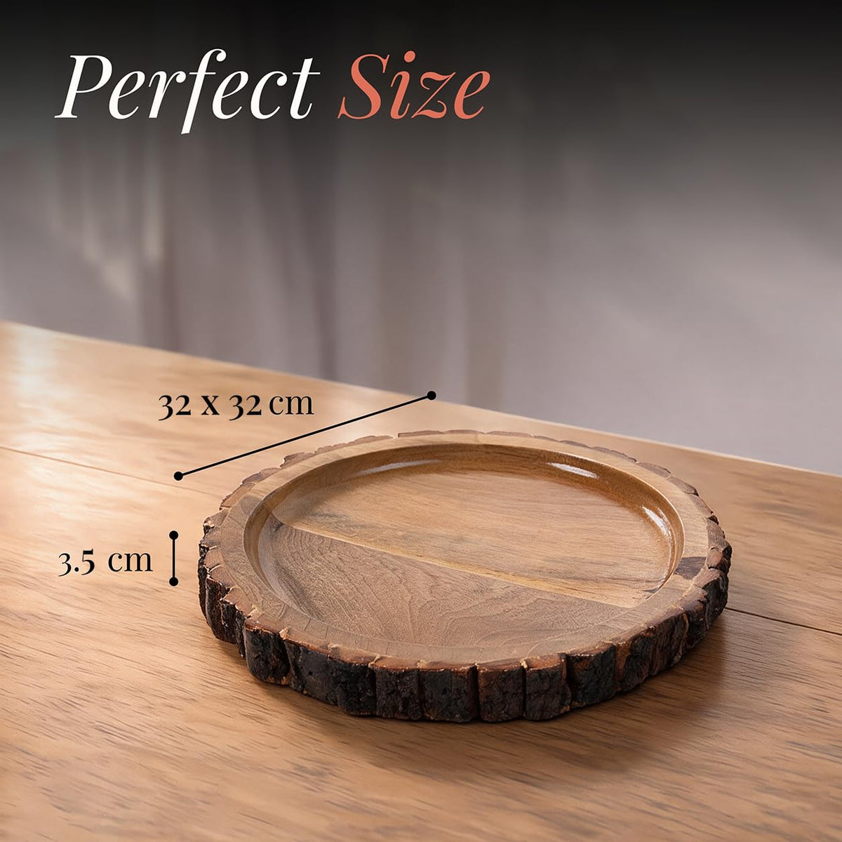 HOKIPO Arbor Mango Wood Round Serving Tray with Bark Edge, 32 cm - image 5