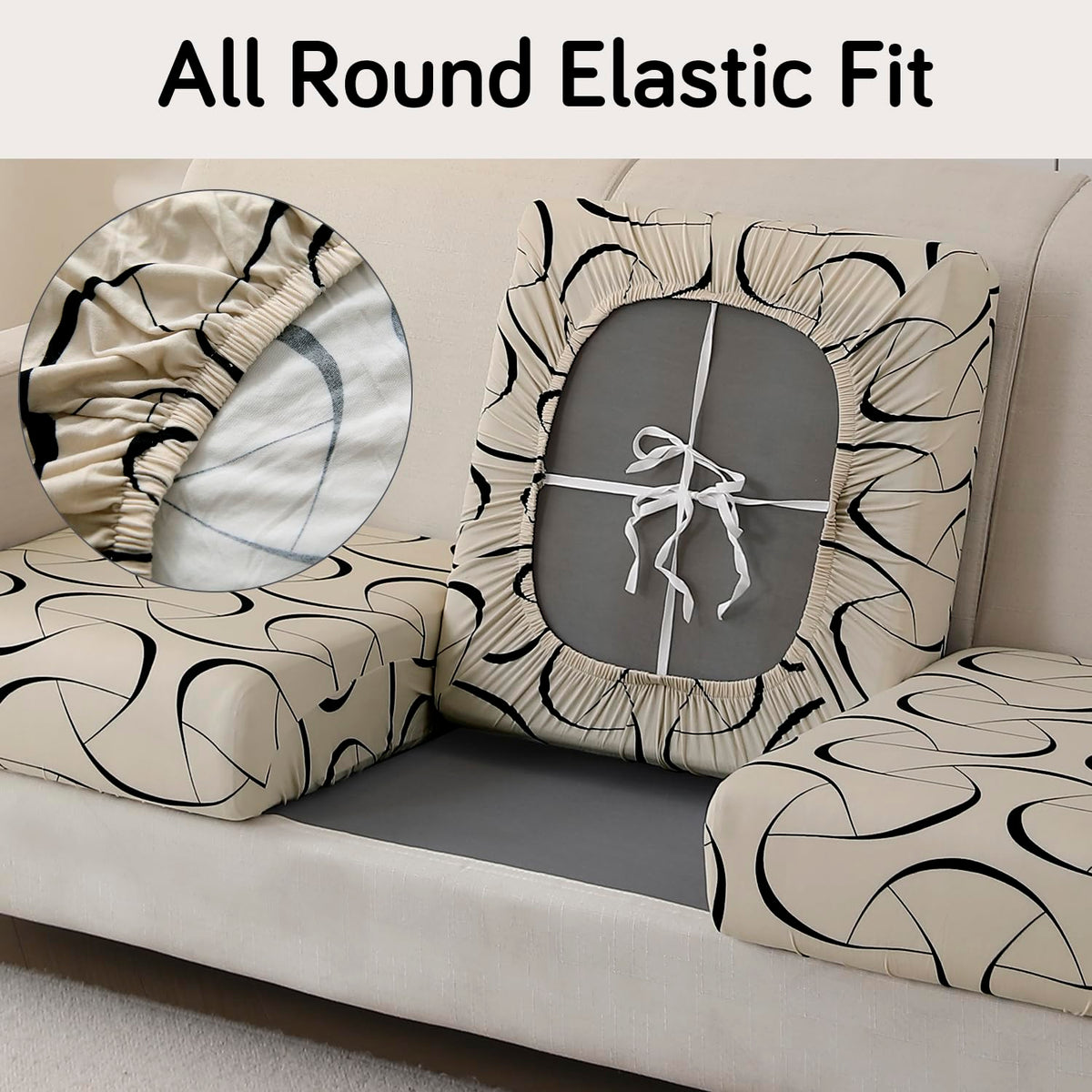 140 GSM Stretchable Printed Elastic Sofa Cushion Seat Cover for 1 /2 /3 Seaters / Pieces for Sofa, Natural Beige Abstract Art