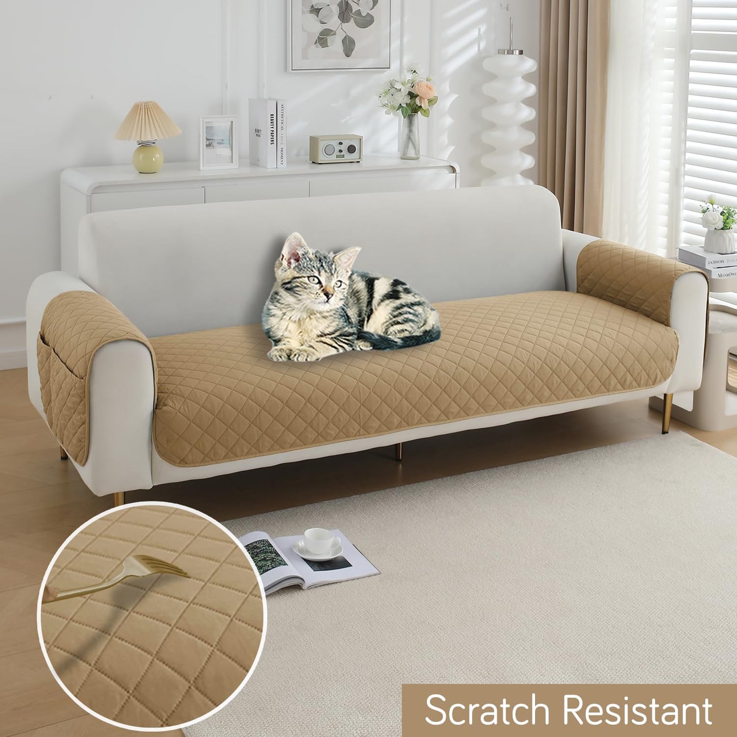 HOKIPO Quilted Waterproof Sofa Seat Mat with 2 Armrest Covers with Pockets, Camel