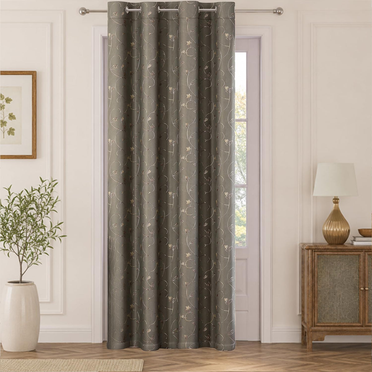 HOKIPO Golden Vine Eyelet Curtains, 7 Feet Long - Ash Grey - image 2