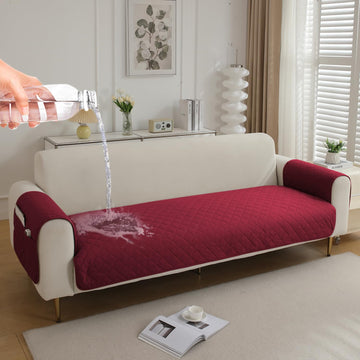 Quilted Waterproof Sofa Seat Mat for 1/2/3 Seater Sofa with 2 Armrest Covers with Pockets, Maroon