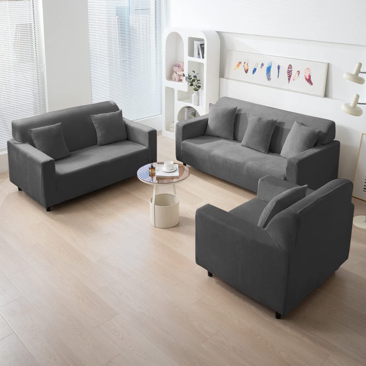 Dark Grey elastic stretchable velvet sofa cover set available for 1, 2, 3, 4, 5, 6 & 7 seater sofas