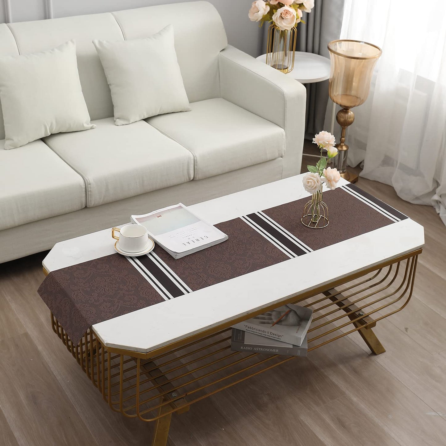 PVC Table Runner Dinner and Coffee Table, 30x135 cm, Damask Brown