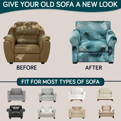 Printed Stretchable Sofa Slipcover with 1/2/3 Pc Separate Seat Cushion Cover for each 1/2/3 Seater, Aqua Palm Whisper
