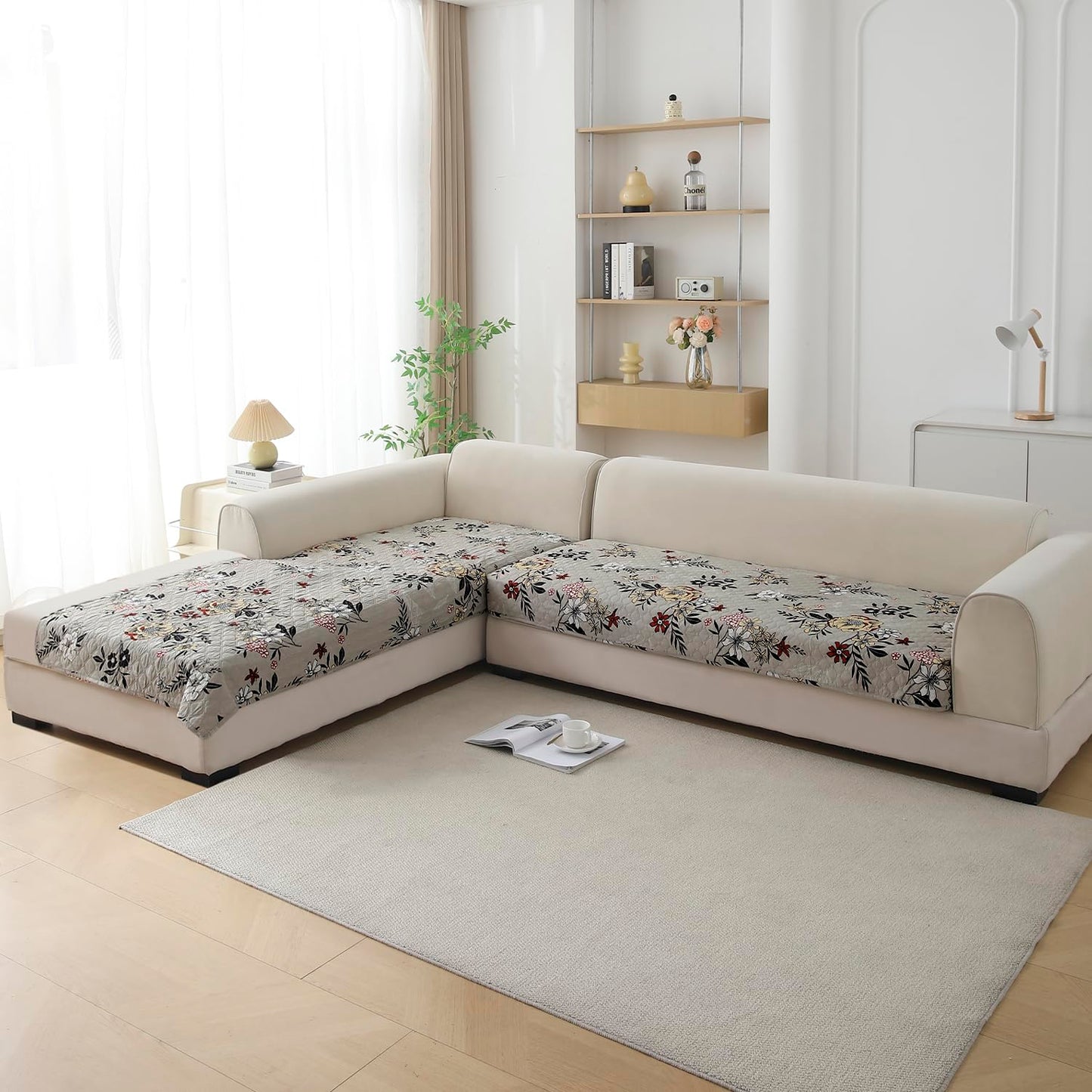 L Shape Sofa Cover Mat for 2+2/3+2/3+3 Seater, Quilted Printed Floral Ash Grey