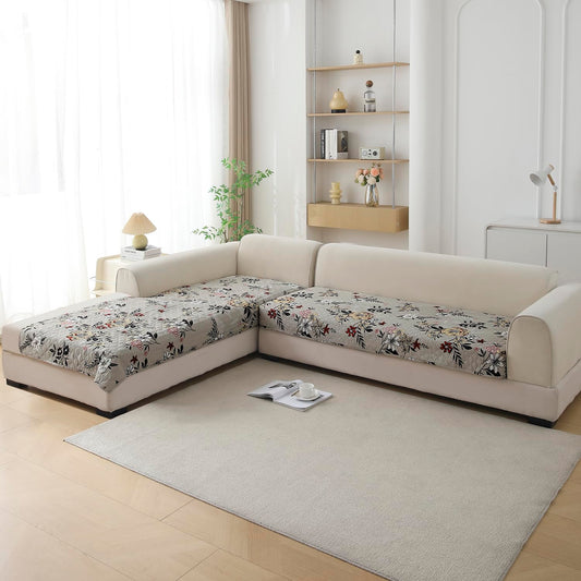 L Shape Sofa Cover Mat for 2+2/3+2/3+3 Seater, Quilted Printed Floral Ash Grey