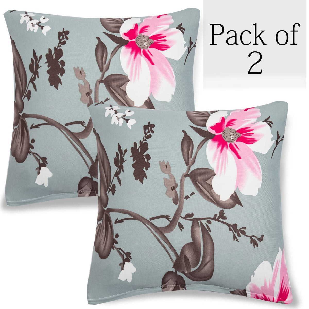Bluish Grey Floral print 16 by 16 zippered square sofa pillow covers Set of 2