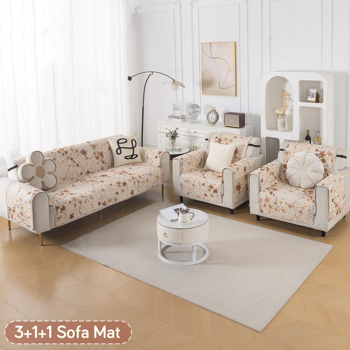 Easy Drape Reversible Quilted 5-Seater Sofa Cover (3+1+1), Golden Bloom