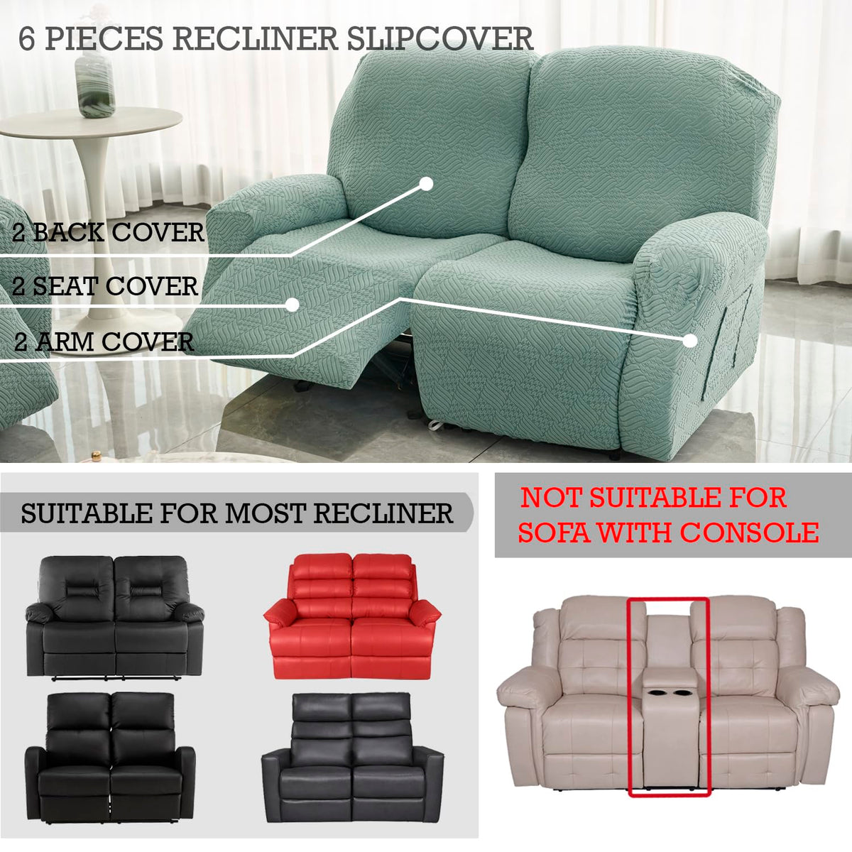 Buy Green Colour Jacquard 6 Pieces Recliner Slipcover | HOKIPO
