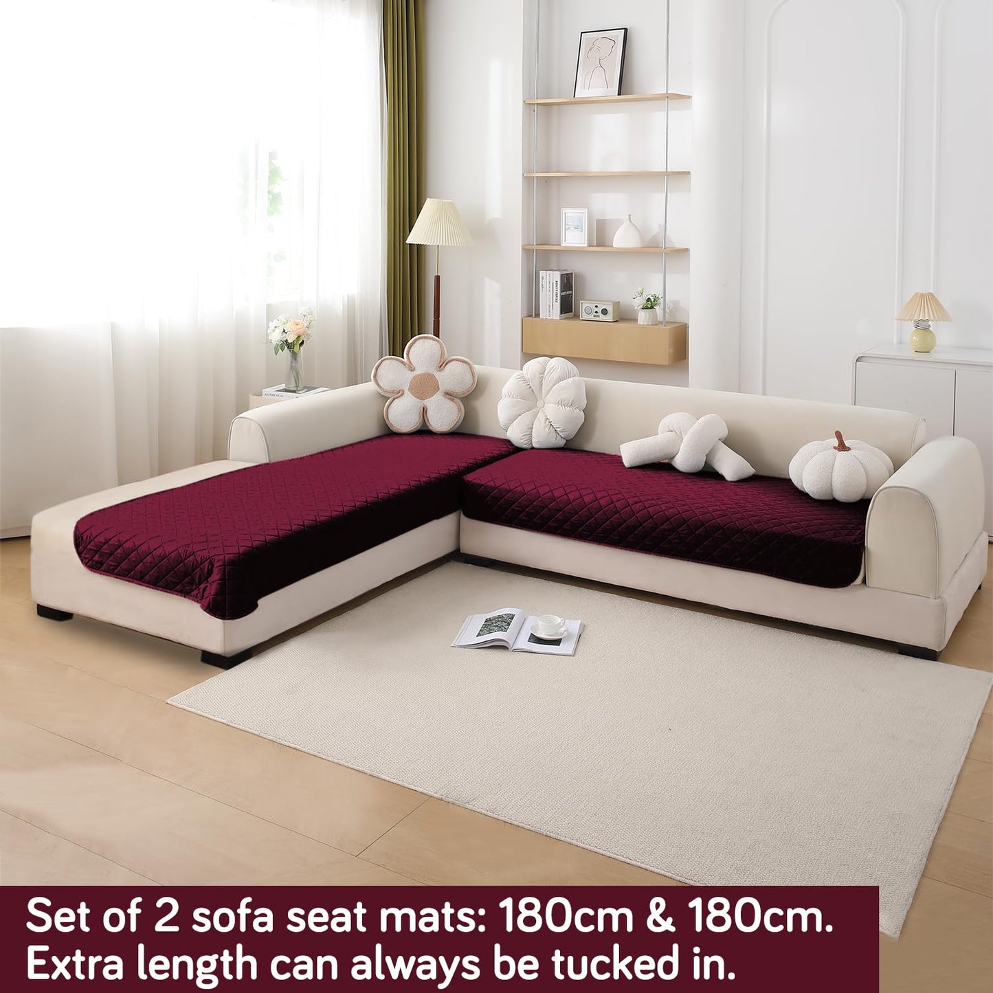 HOKIPO Waterproof Quilted Quick Dry L Shape Sofa Seat Cover Mat, Burgundy