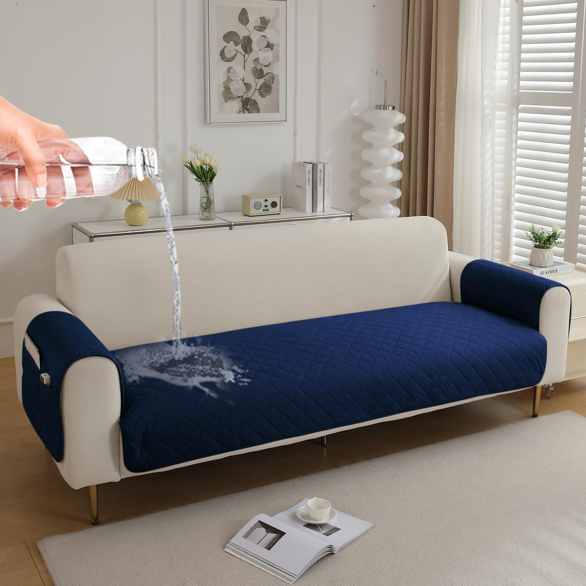 Quilted Waterproof Sofa Seat Mat for 1/2/3 Seater Sofa with 2 Armrest Covers with Pockets, Navy Blue