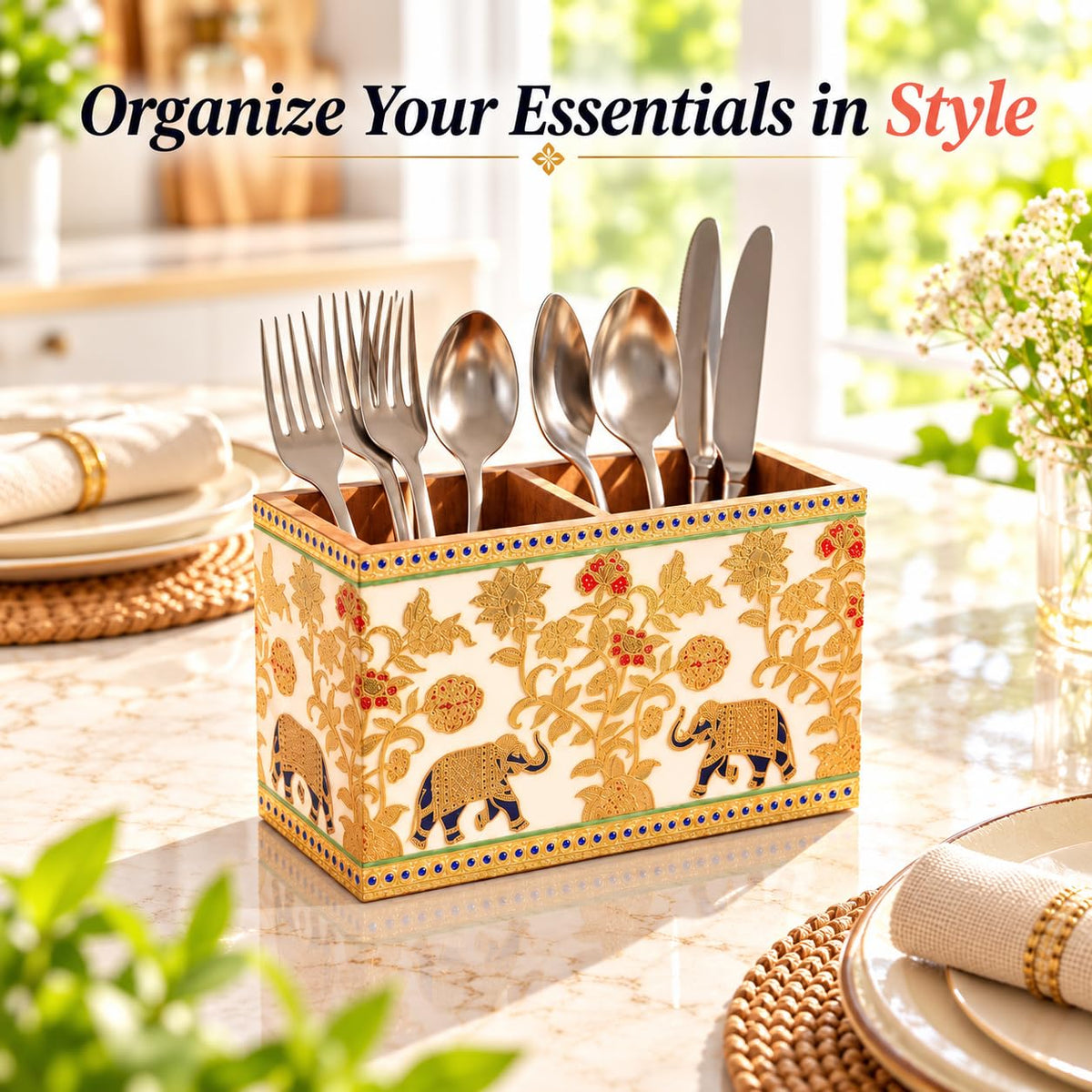 HOKIPO Cutlery Holder for Dining Table, Engineered Wood, Royal Gulistaan - image 2