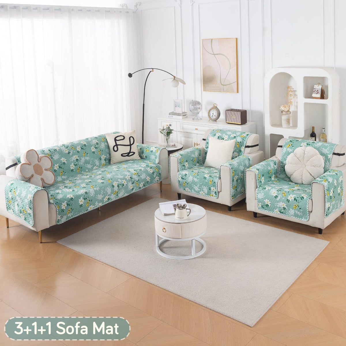 Easy Drape Reversible Quilted 5-Seater Sofa Cover (3+1+1), Fresh Meadow