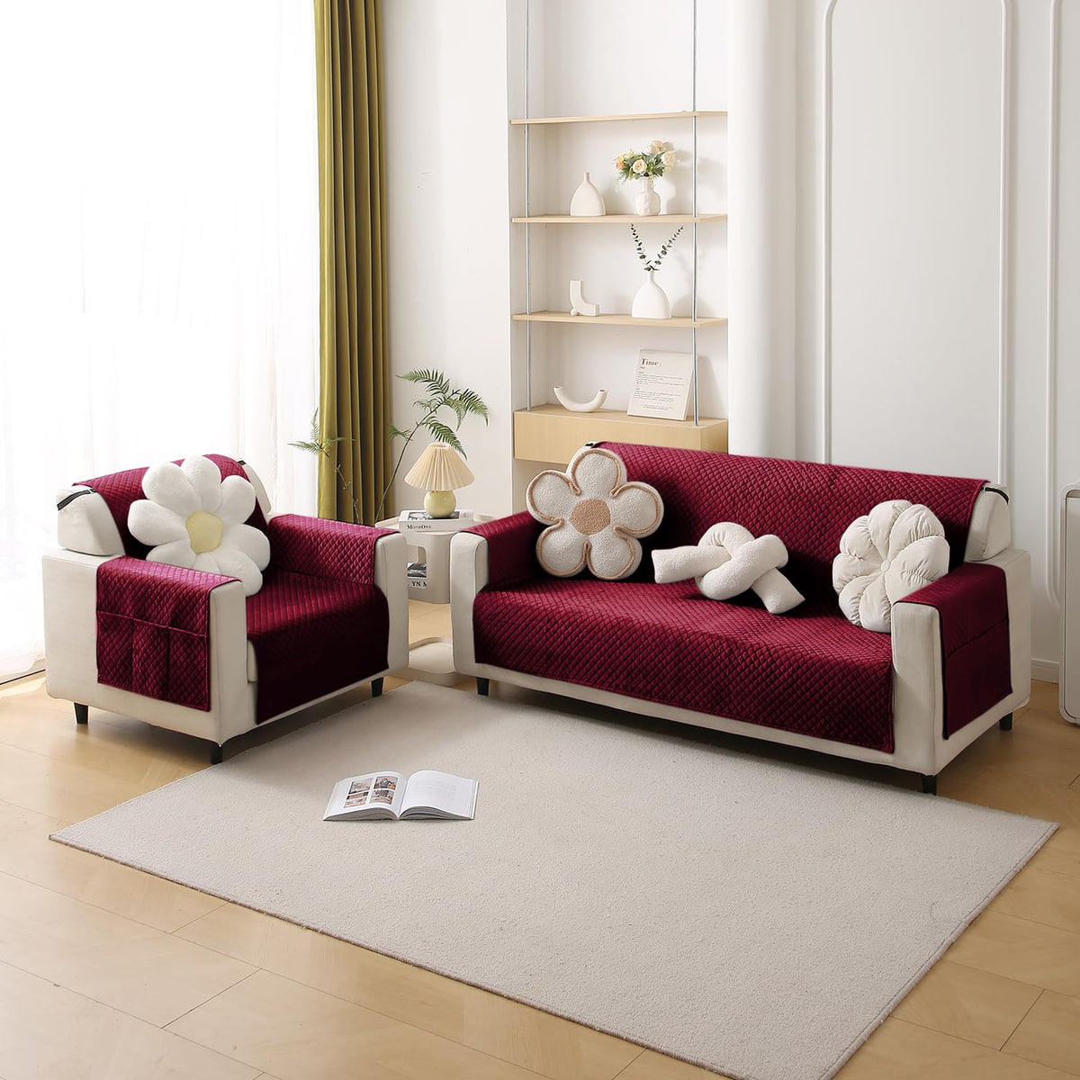 Quilted Velvet Sofa Cover Mat with Side Pockets, Pet Friendly, Sangria Red