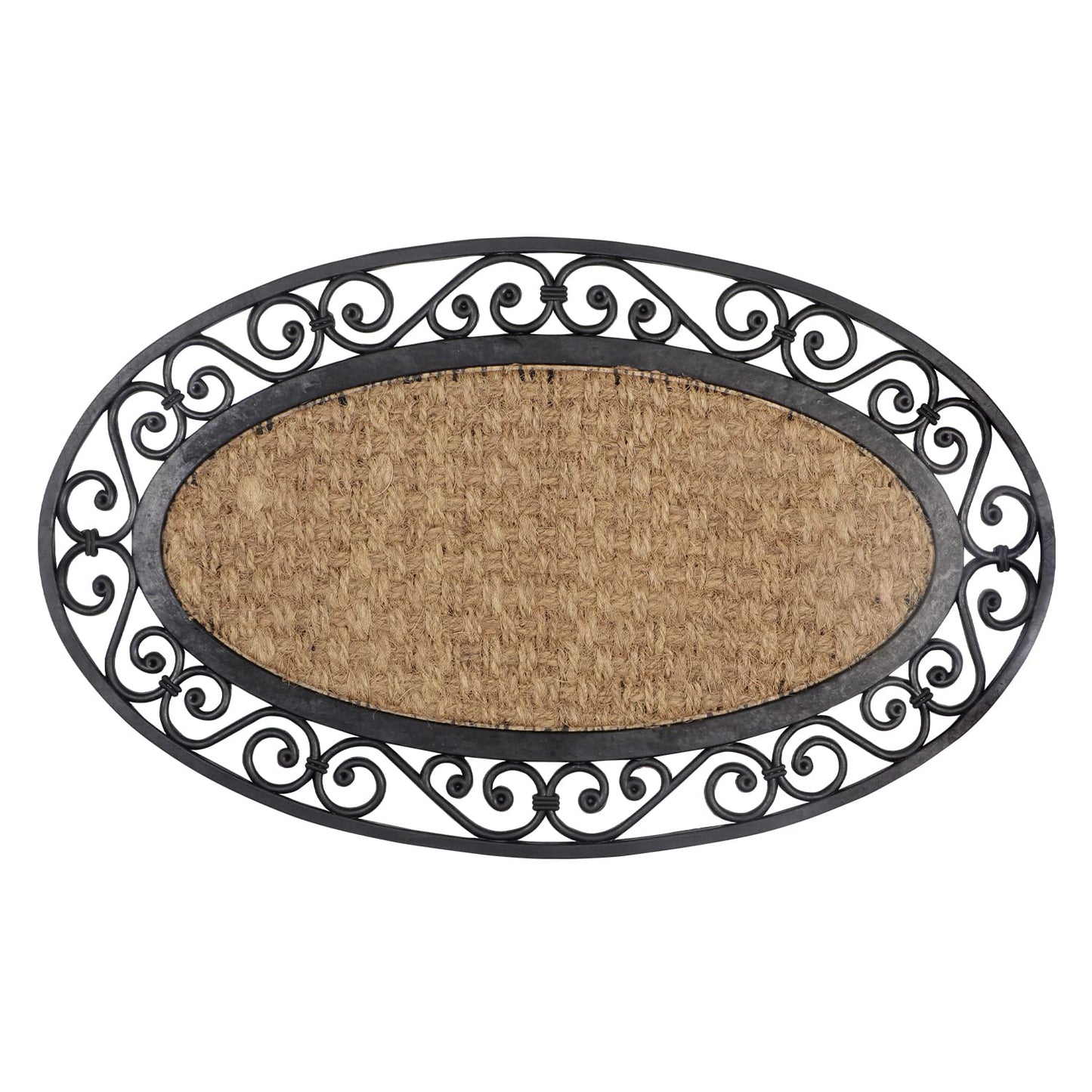Natural Rubber Coir Oval Doormat with Designer Border, Anti-Slip Rubber Backing, 45x75 cm