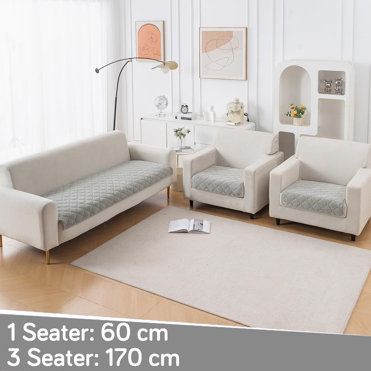 Diamond Tuft Quilted 5-Seater Sofa Mat (3+1+1), Anti-Slip, Mist Grey