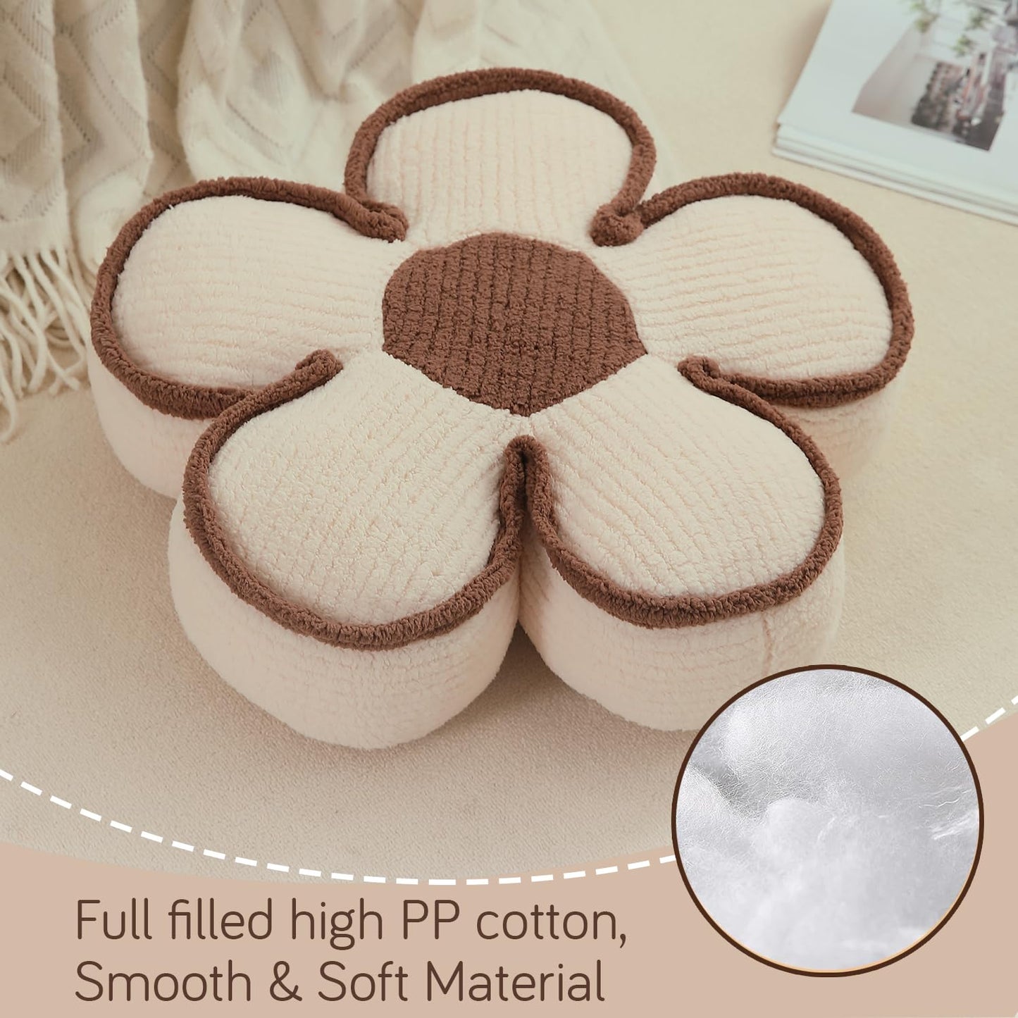 HOKIPO Plush Cotton Flower Cushion | Decorative Throw Pillow for Bed & Sofa - Soft Beige