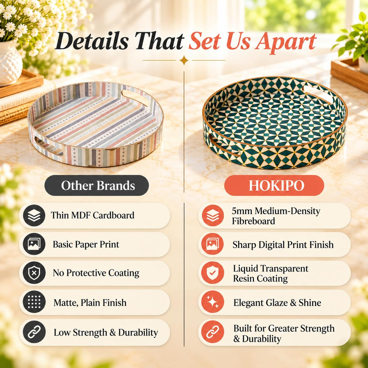 HOKIPO Round Serving Tray 12 in, Engineered Wood, Moroccan Prism - image 4