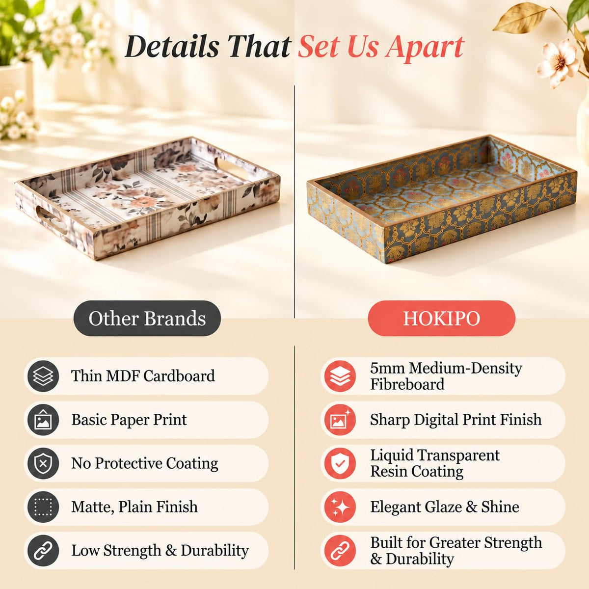 HOKIPO Serving Tray Set of 3, Engineered Wood, Shahi Gulnaar - image 4