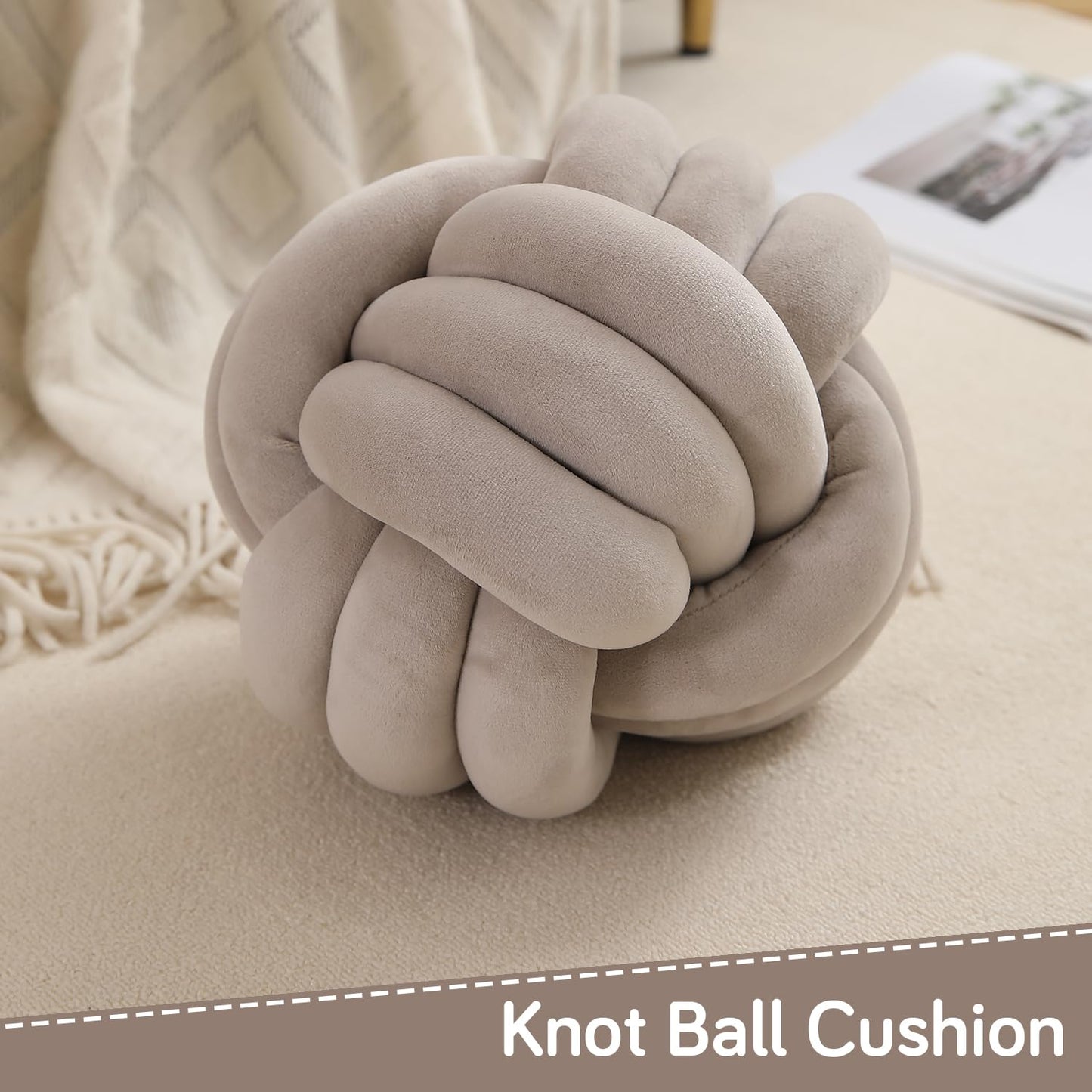 Knot Ball Cushion Pillow Soft Plush Velvet Decorative Throw Pillow - Light Taupe Brown