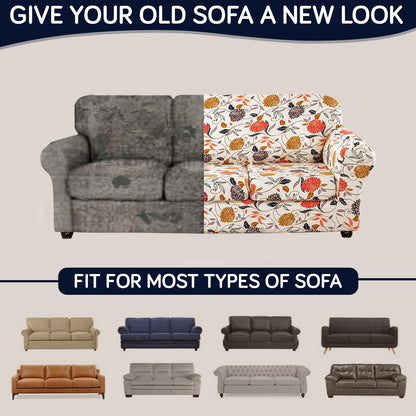 Printed Stretchable Sofa Slipcover with 1/2/3 Pc Separate Seat Cushion Cover for each 1/2/3 Seater, Sunset Botanical Bloom