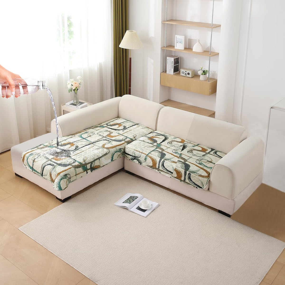 Waterproof Printed Quilted Quick Dry L Shape Sofa Seat Cover Mat, Parchement Beige Abstract Art