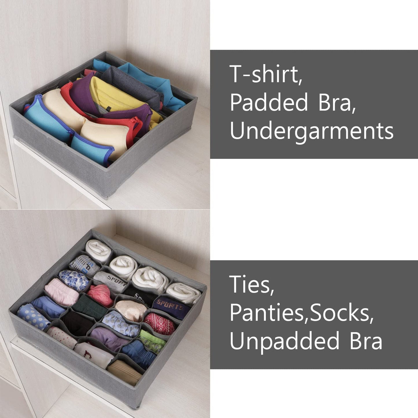 Non-Woven Fabric Undergarment Organizer Storage Box For Drawers Bra Panty Socks Tie Lingerie Organizer For Wardrobe, Grey