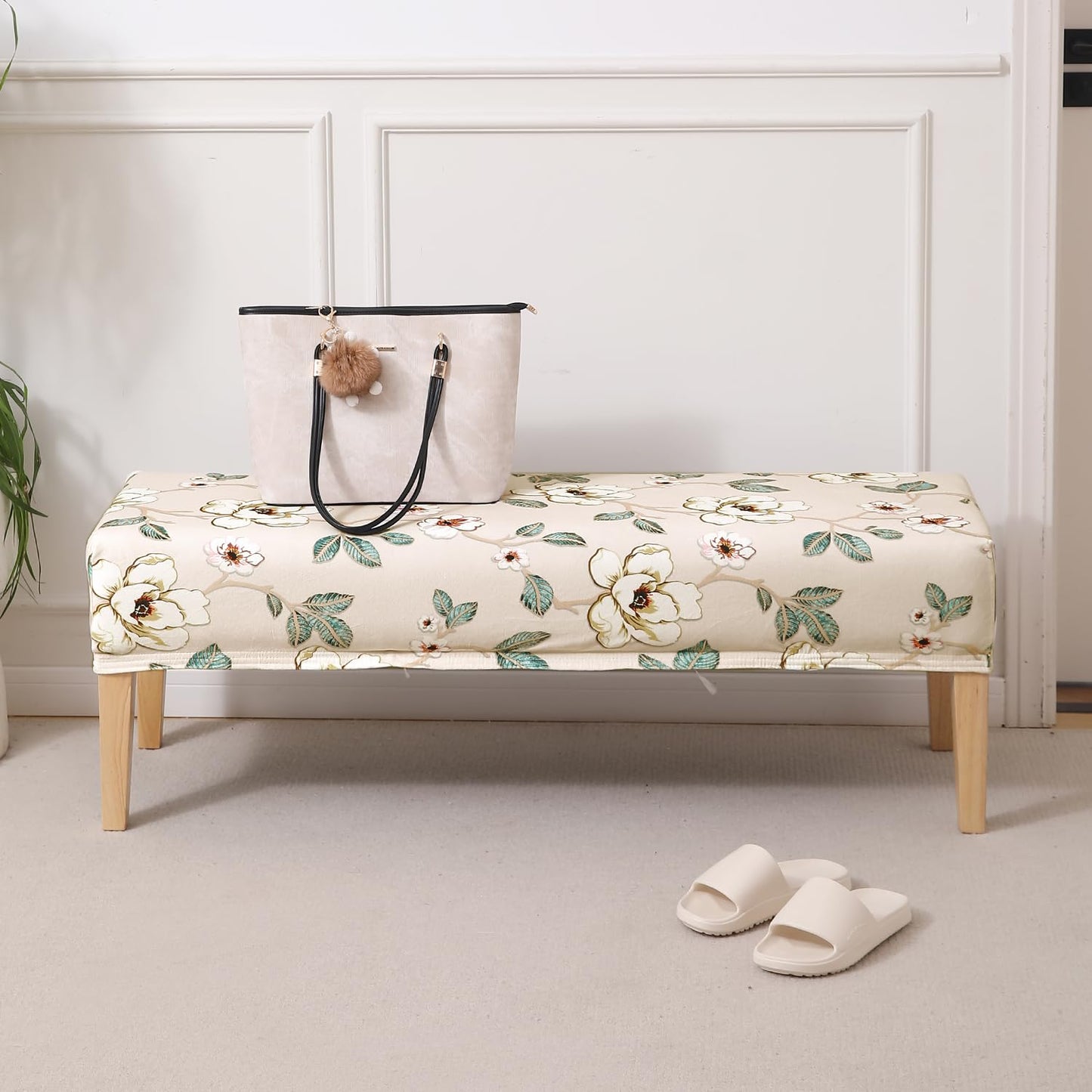 Premium Printed Velvet Stretchable Dining Bench Slipcover, Buttercream Magnolia Whisper