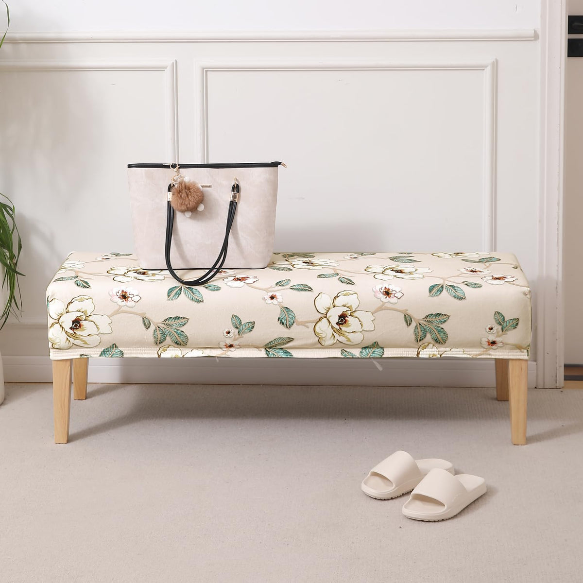 Premium Printed Velvet Stretchable Dining Bench Slipcover, Buttercream Magnolia Whisper
