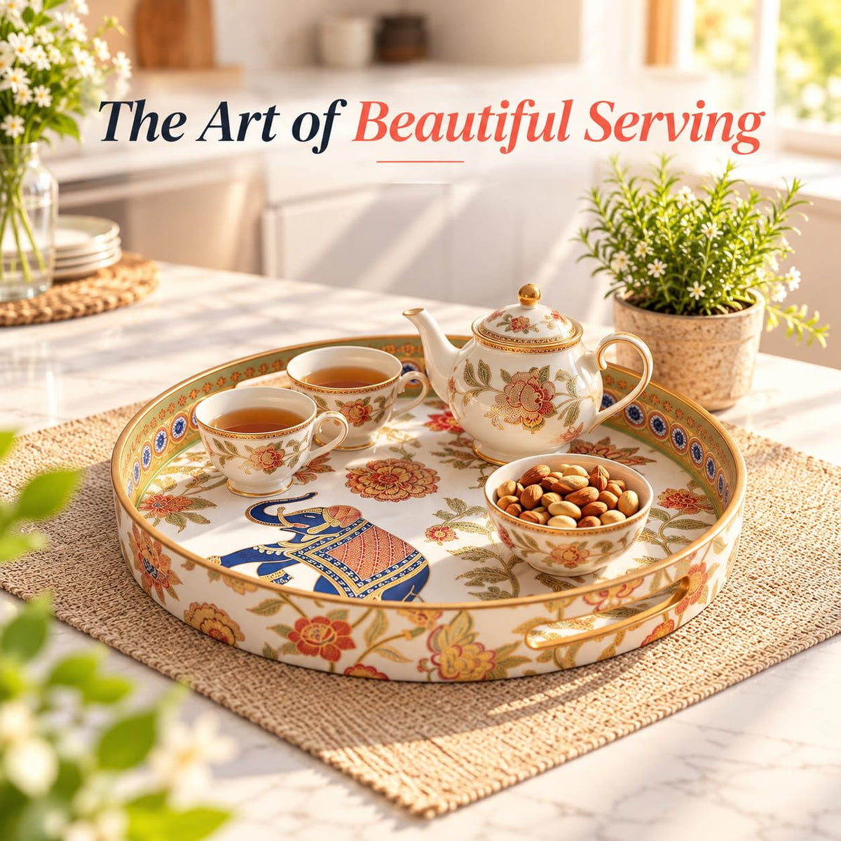 HOKIPO Round Serving Tray 12 in, Engineered Wood, Royal Gulistaan - image 3