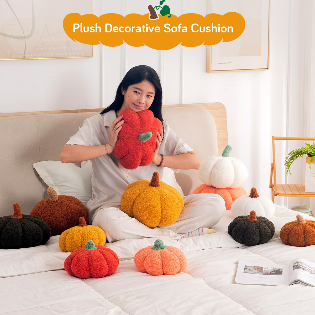 HOKIPO Pumpkin Shaped Plush Cushion for Autumn Decor, 19 cm, Yellow