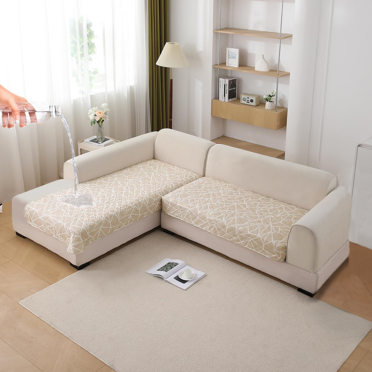 Waterproof Printed Quilted Quick Dry L Shape Sofa Seat Cover Mat, Beige Abstract Geometry