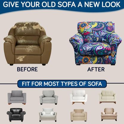 Printed Stretchable Sofa Slipcover with 1/2/3 Pc Separate Seat Cushion Cover for each 1/2/3 Seater, Saphire Boho Carnival
