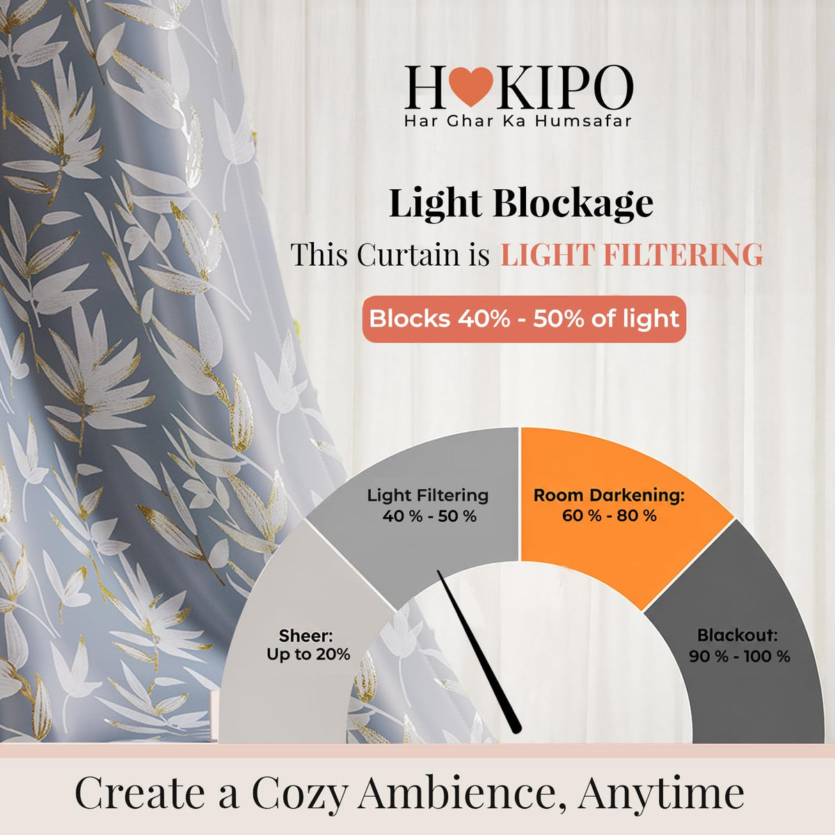 HOKIPO Luxe Foliage Foil Printed Curtains, 7 Feet Long - Steel Grey - image 5