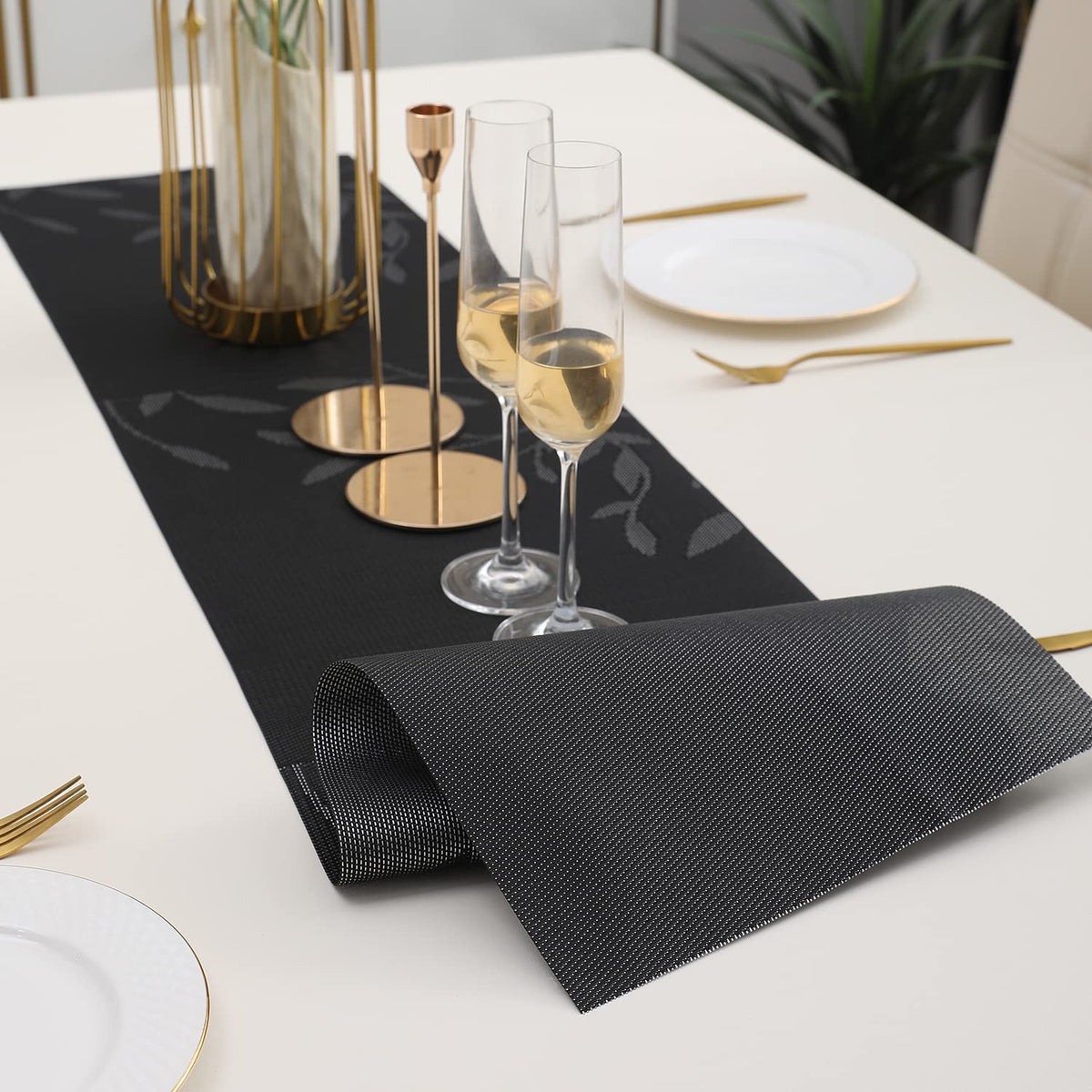 Buy Black Leaves Colour PVC Table Runner Mat | HOKIPO