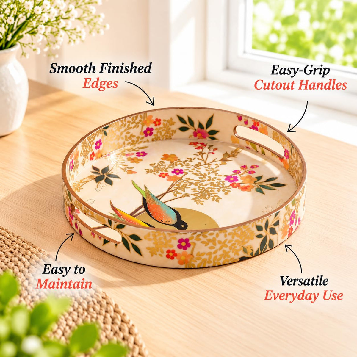 HOKIPO Round Serving Tray 12 in, Engineered Wood, Sunhere Parinday - image 8