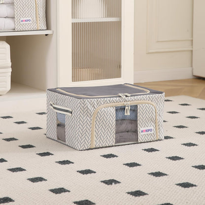 Wardrobe Organizer Storage Box | Foldable Cloth Storage Boxes with Metal Frame & Window | 600D Oxford Fabric, Cream Mist