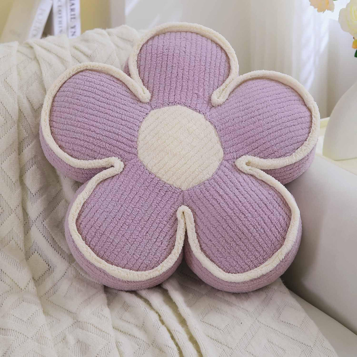HOKIPO Plush Cotton Flower Cushion | Decorative Throw Pillow for Bed & Sofa - Lavender Fog