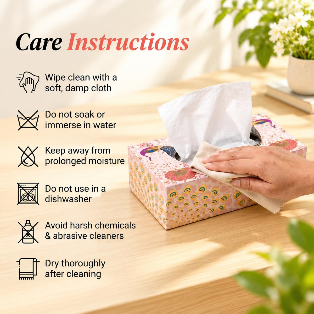 HOKIPO Tissue Box Holder, Rectangle, Engineered Wood, Gulabi Mayurvan - image 7