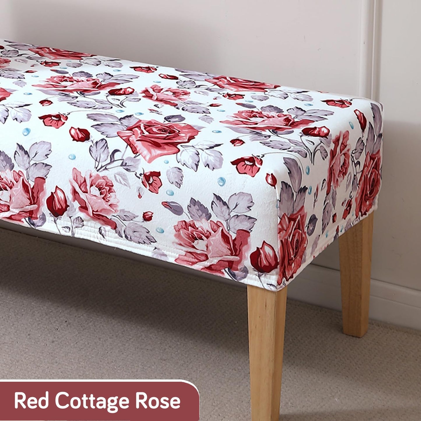 Premium Printed Velvet Stretchable Dining Bench Slipcover, Red Cottage Rose